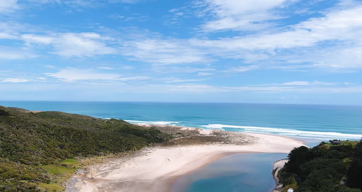 The Waimamaku River meeting the Tasman at the southern end of the Coastal Track, Waimamaku surf spot, Northland West, New Zea